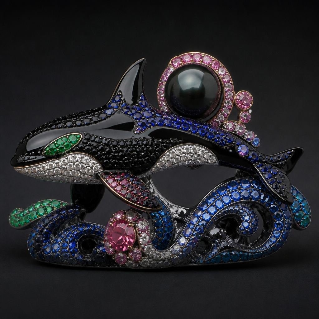 Obsidian pearl diamond sapphire emerald and pink diamond orca
photorealistic jewelry design, Obsidian pearl diamond sapphire emerald and pink diamond orca , avant_garde style, just the design no text
