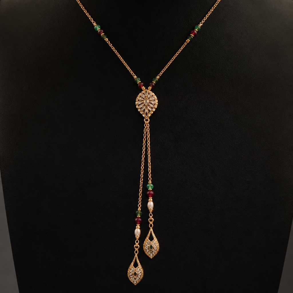 Versatile lariat-style necklace.
photorealistic jewelry design, Versatile lariat-style necklace. , ethnic style, just the design no text