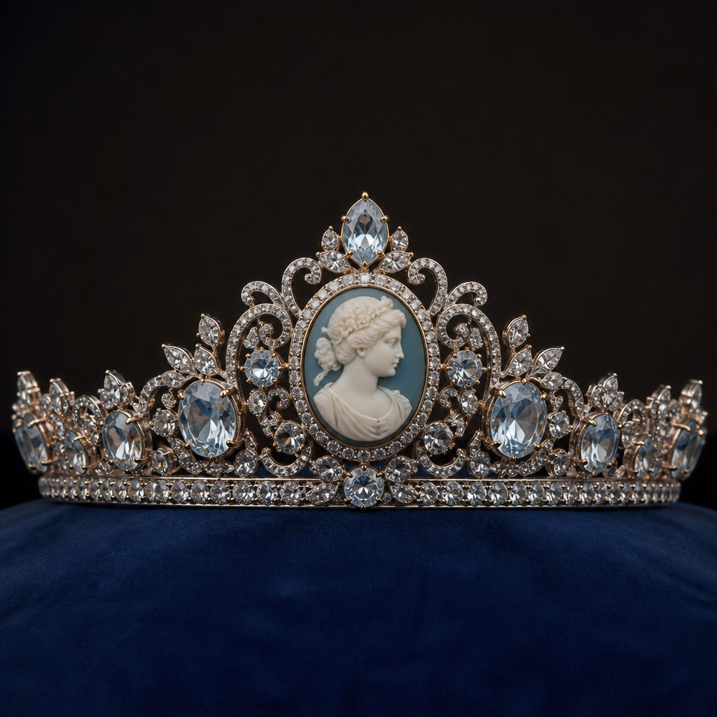 A cameo women's tiara with diamond and topaz stones suitable for festival
photorealistic jewelry design, A cameo women's tiara with diamond and topaz stones suitable for festival, cameo style, just the design no text