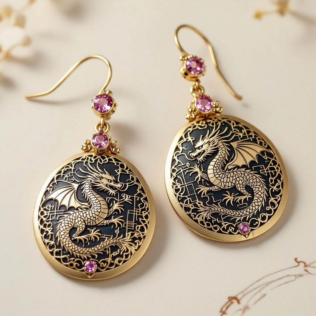 Золотые матовые серьги со схематическим изображением дракона узоры и камни мелкие раузтопаз