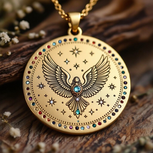 Золотой матовый медальон в форме неровного круга с неровными краями. По краям выпуклые точки сплошной линией. На круге выгравирован ангел без фигуры, видно только крылья и вокруг здездочки и разные узоры и украшен миниатюрными камнями