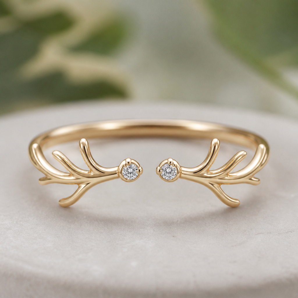 A nature-inspired women's ring made of gold with diamond stones suitable for daily wear. A delicate deer antler inspired open ring with opening at the top middle which has 2 american diamonds at both the sides and antlers emerging from both sides. It's a minimal nature inspired ring.
photorealistic jewelry design, A nature-inspired women's ring made of gold with diamond stones suitable for daily wear. A delicate deer antler inspired open ring with opening at the top middle which has 2 american diamonds at both the sides and antlers emerging from both sides. It's a minimal nature inspired ring., nature_inspired style, just the design no text
