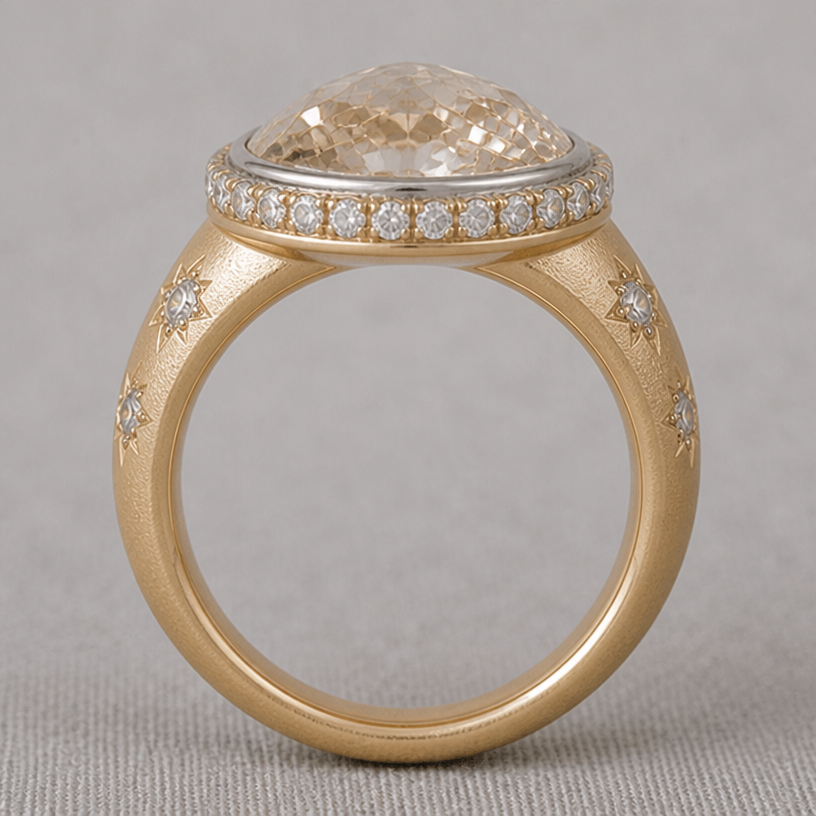side profile of this ring with halo on the outside of bezel
edit the attached jewelry design with these instructions: side profile of this ring with halo on the outside of bezel. keep it photorealistic, just the design no text