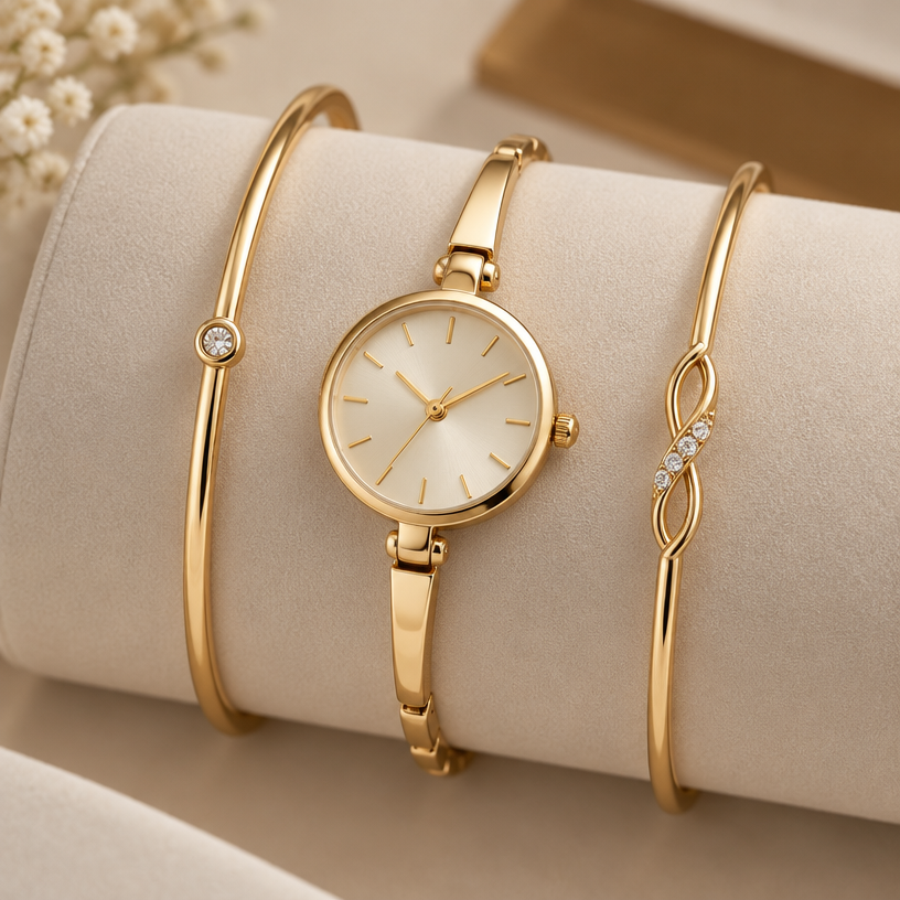 A women's watch, minimalist, simple and delicate, clean lines. bangles
using the attached image as a visual reference, create A women's watch, minimalist, simple and delicate, clean lines. bangles. photorealistic, just the design no text