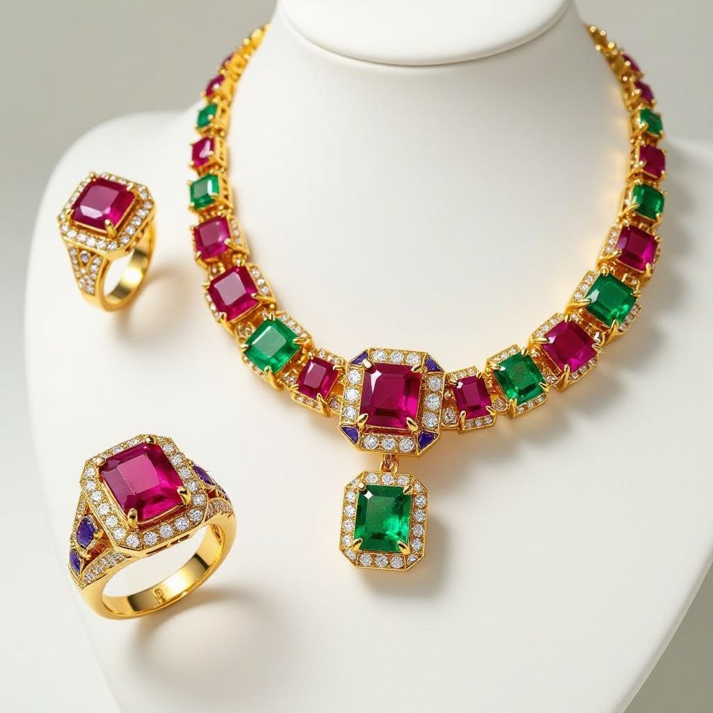Necklace and ring and earring with luxury colorful jewel with gold