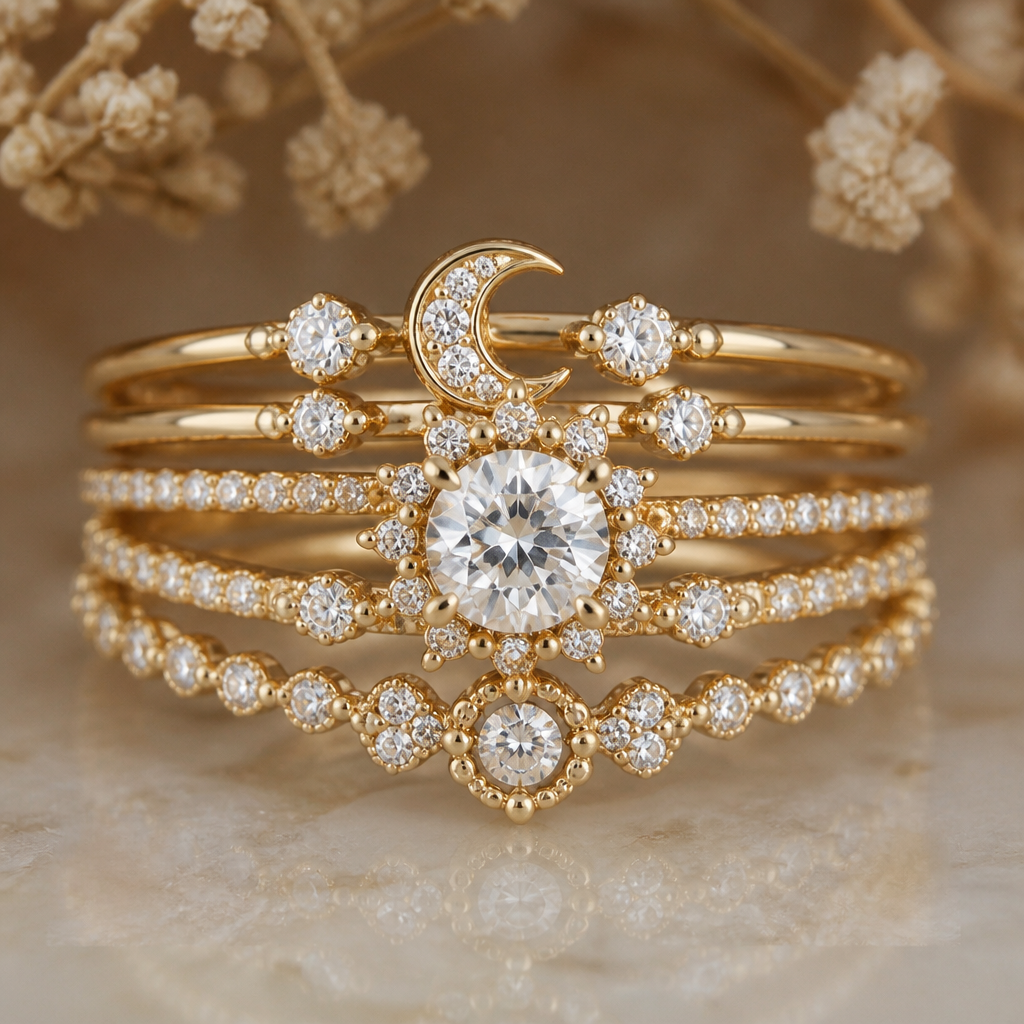 Can you create a very feminine diamond ring for a wedding ring and engagement multi stackable yellow, 14 carat gold that has
1 ct diamond
3 0.25 ct of diamonds
12 0.1 ct of diamonds
23 0.05 ct of diamonds
Center 1 ct diamond being the sun
3 0.25 ct being the moon
All other smaller diamonds, stackable rings for both sides of the engagement and wedding band
All diamonds are round shape
photorealistic jewelry design, Can you create a very feminine diamond ring for a wedding ring and engagement multi stackable yellow, 14 carat gold that has
1 ct diamond
3 0.25 ct of diamonds
12 0.1 ct of diamonds
23 0.05 ct of diamonds
Center 1 ct diamond being the sun
3 0.25 ct being the moon
All other smaller diamonds, stackable rings for both sides of the engagement and wedding band
All diamonds are round shape, just the design no text