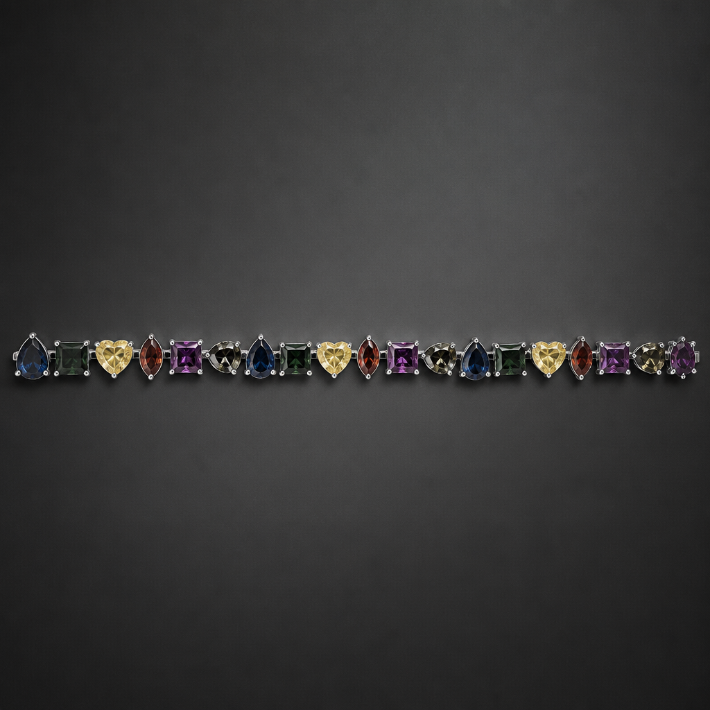 'in this order - pear, square, heart, marquis, square, pear, square, heart, marquis, square, pear, square, heart, marquis, square, pear, square, heart in different dark colored precious gemstones and yellow colored diamond in silver setting - total of 18 stones "''
photorealistic jewelry design, 'in this order - pear, square, heart, marquis, square, pear, square, heart, marquis, square, pear, square, heart, marquis, square, pear, square, heart in different dark colored precious gemstones and yellow colored diamond in silver setting - total of 18 stones "'', just the design no text
