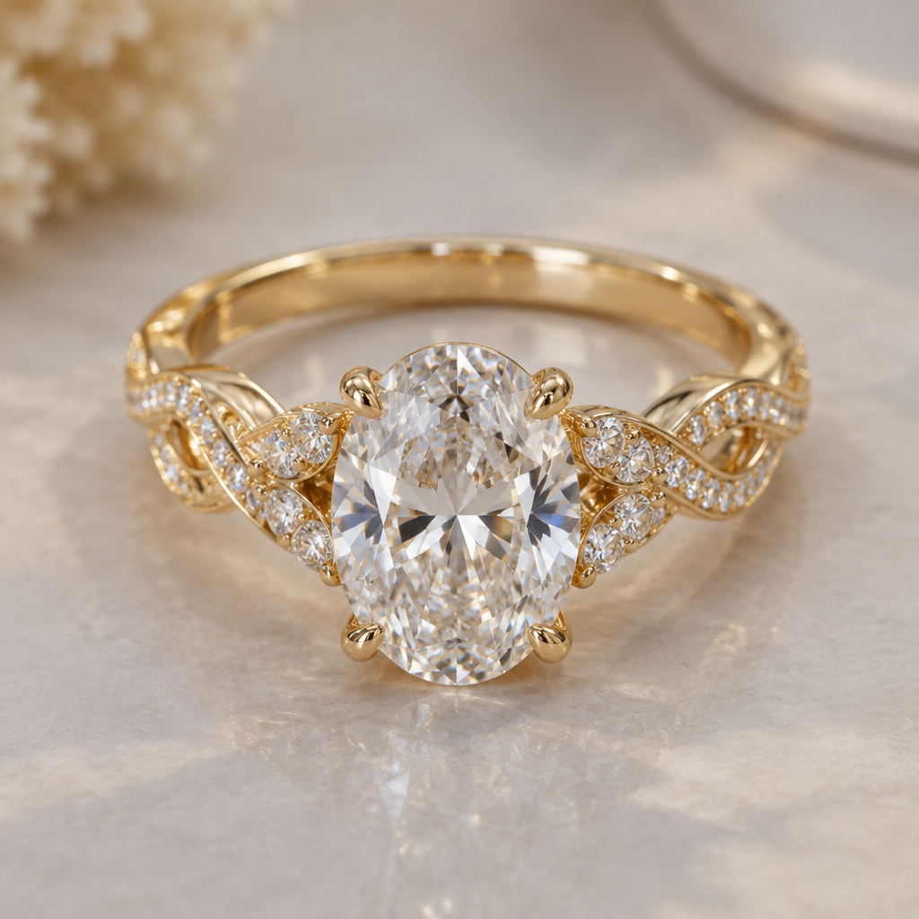 A modern women's ring made of gold with diamond stones suitable for engagement, detailed and decorative, moderately ornate. A beautiful gold ring with a unique design with a small set of smaller diamonds , en then to finish it of eith a nice big oval shaped diamond in the middle
photorealistic jewelry design, A modern women's ring made of gold with diamond stones suitable for engagement, detailed and decorative, moderately ornate. A beautiful gold ring with a unique design with a small set of smaller diamonds , en then to finish it of eith a nice big oval shaped diamond in the middle, modern style, just the design no text