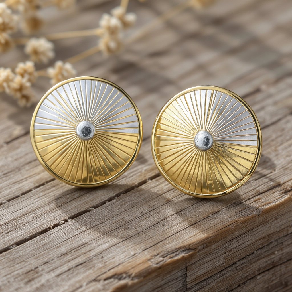 Золотые серьги полукруг половинка горящего солнца мятое неровное золото лучи волнистые другая половинка круга серебряная 