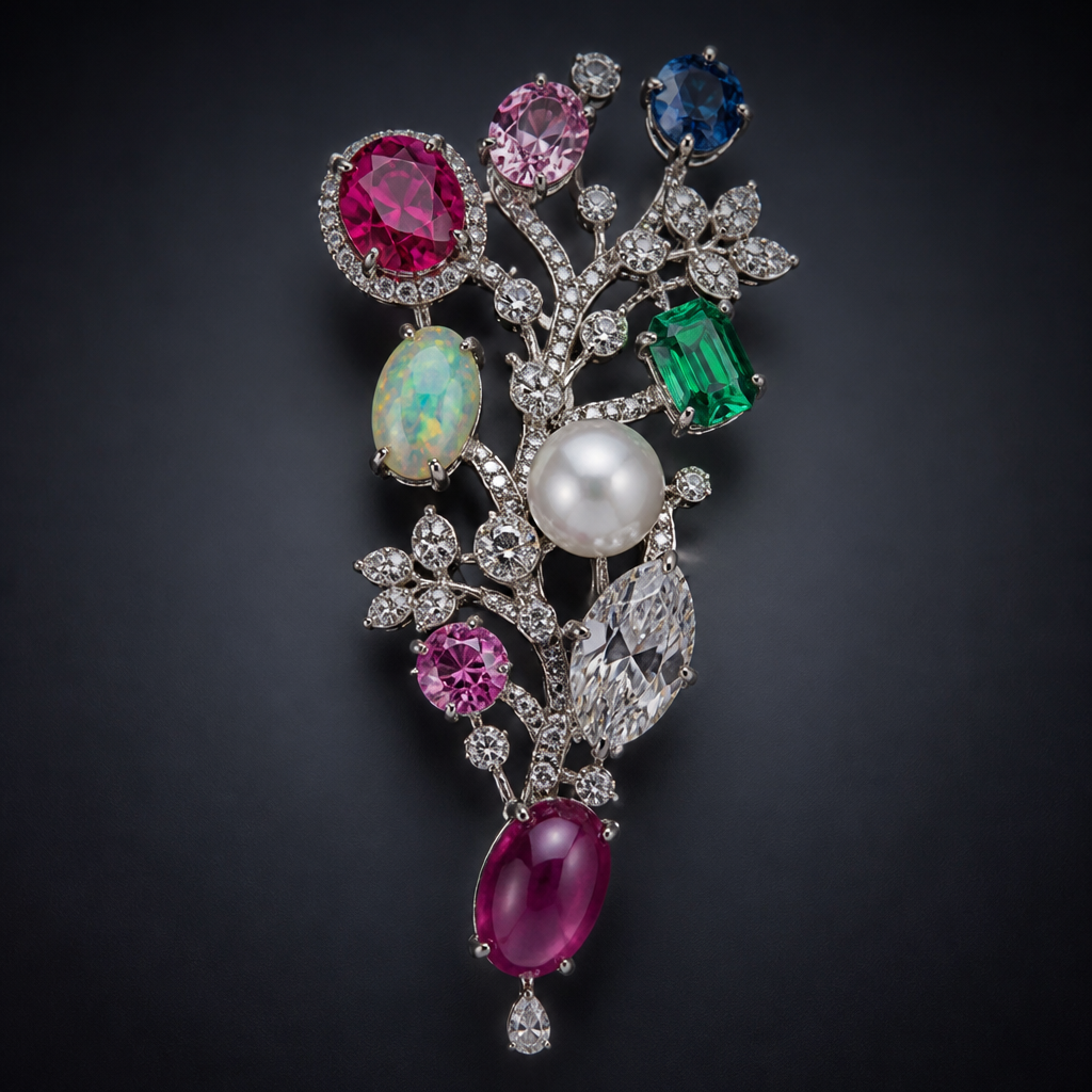 Ruby pink diamond sapphire opal emerald pearl diamond
photorealistic jewelry design, Ruby pink diamond sapphire opal emerald pearl diamond , avant_garde style, just the design no text