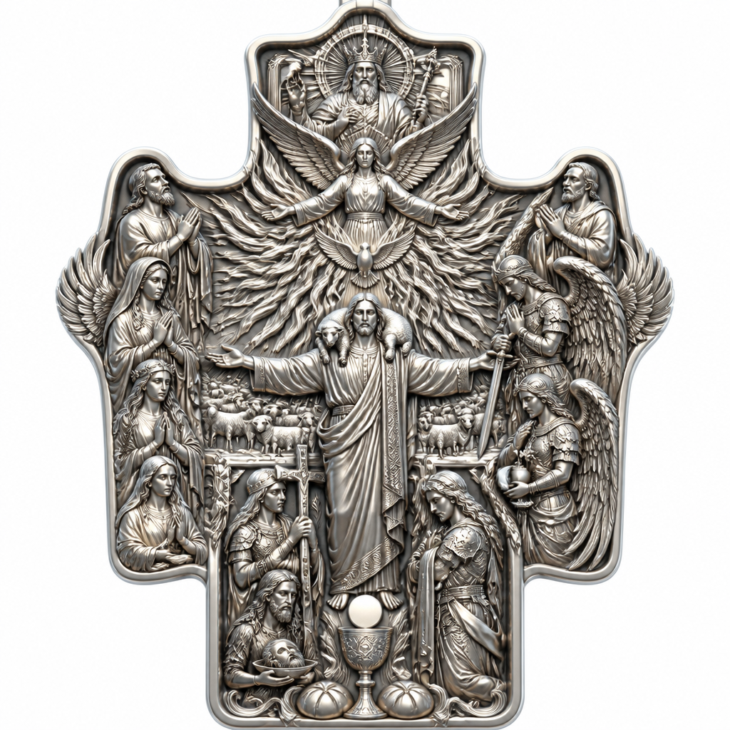A artistic women's pendant made of silver suitable for festival. An extraordinary excellent beautiful delicate and elegant, super modern Cross, without stones, without background only the Cross, with Jesus Christ as the Good Shepherd with a beautiful delicate and elegant face, with long hair, with a beautiful delicate elegant and fit body, with His hands wide open to receive all of us, with a beautiful delicate elegant and beautifully ornated tunic, with a beautiful delicate and elegant sheep on His shoulders, with a beautiful delicate and elegant flock of beautiful delicate and elegant sheep backward of Him. Over Jesus Christ and the flock to be placed the Holy Spirit as an Angel with a beautiful delicate and elegant face, with long hair, with big wings flying, with a beautiful delicate elegant and fit body, with a beautiful delicate elegant and beautifully ornated tunic under the Angel to be placed a beautiful delicate and elegant dove flying both of them the Angel and the dove to be surrounded by tongues of fire radiating light to Jesus Christ and the flock. Over the Holy Spirit to be placed God the Father with a beautiful delicate and elegant face, with long hair, with a beautiful delicate elegant and fit body, with a beautiful delicate and elegant tunic, with a beautiful delicate and elegant sceptre at His left hand blessing the world with His right hand, with a beautiful delicate elegant and beautifully ornated crown on His head. At the bottom of the Cross to be placed the Holy Communion with a beautiful delicate elegant and beautifully ornated chalice and two breads around the chalice. At the lower right side of the Cross to be stacked one by one Saint John the Baptist with a beautiful delicate elegant and beautifully ornated platter with his head on it. Over Saint John the Baptist to be placed Saint Constantine with a beautiful delicate and elegant face, with long hair, with a beautiful delicate and elegant crown on his head, with a beautiful delicate elegant and fit body, with a beautiful delicate and elegant armour holding a beautiful delicate elegant and beautifully ornated Cross. Over Saint Constantine to be placed Saint George with a beautiful delicate and elegant face, with long hair, with a beautiful delicate elegant and beautifully ornated helmet with a beautiful delicate elegant and fit body, with a beautiful delicate elegant and beautifully ornated armour, holding a beautiful delicate and elegant sword with his right hand at low position and near the floor giving respect to the Holy Trinity and Praying. Over Saint George to be placed Saint Peter the Apostle Praying. At the left lower side of the Cross to be placed stacked Saint Paraskevi with a beautiful delicate and elegant face, with long hair, with a beautiful delicate elegant and beautifully curved body, with a beautiful delicate elegant and beautifully ornated tunic holding a bowl with two eyes in it. Over Saint Paraskevi to be placed Saint Irene with a beautiful delicate and elegant face, with long hair, with a beautiful delicate elegant and beautifully ornated wreath on her head, with a beautiful delicate elegant and beautifully curved body, with a beautiful delicate elegant and beautifully ornated tunic Praying. Over Saint Irene to be placed Virgo Maria with a beautiful delicate and elegant face, with beautifully ornated long hair, with a beautiful delicate elegant and beautifully curved body, with a beautiful delicate elegant and beautifully ornated tunic Praying. Over Virgo Maria to be placed Saint Paul the Apostle Praying. At the right side of the Cross to be placed Saint Michael the Archangel with a beautiful delicate and elegant face, with long hair, with a beautiful delicate elegant and beautifully ornated helmet, with a beautiful delicate elegant and fit body, with big wings flying, with a beautiful delicate elegant and beautifully ornated armour, holding His beautiful delicate elegant and beautifully ornated sword low to the ground giving respect to the Holy Trinity and Praying. In front of Saint Michael the Archangel to be placed Saint Gabriel the Archangel with a beautiful delicate and elegant face, with long hair, with a beautiful delicate elegant and beautifully ornated helmet on His head, with a beautiful delicate elegant and fit body, with big wings flying, with a beautiful delicate elegant and beautifully ornated armour, holding a beautiful delicate elegant and beautifully ornated bucket of lilyes and Praying. At the left side of the Cross to be placed Saint Rafael the Archangel with a beautiful delicate and elegant face, with long hair, with a beautiful delicate elegant and beautifully ornated helmet, with a beautiful delicate elegant and fit body, with big wings flying, with a beautiful delicate elegant and beautifully ornated armour, holding a beautiful delicate elegant and beautifully ornated sword with his right hand low giving respect to the Holy Trinity and Praying. In front of Saint Rafael the Archangel to be placed the Guardian Angel with a beautiful delicate and elegant face, with long hair, with a beautiful delicate elegant and beautifully ornated with flowers wreath on His head, with a beautiful delicate elegant and fit body, with a beautiful delicate elegant and beautifully ornated tunic Praying. Make all the Angels, the Saints, God the Father, the Holy Spirit and Jesus Christ and the flock as statues.
photorealistic jewelry design, A artistic women's pendant made of silver suitable for festival. An extraordinary excellent beautiful delicate and elegant, super modern Cross, without stones, without background only the Cross, with Jesus Christ as the Good Shepherd with a beautiful delicate and elegant face, with long hair, with a beautiful delicate elegant and fit body, with His hands wide open to receive all of us, with a beautiful delicate elegant and beautifully ornated tunic, with a beautiful delicate and elegant sheep on His shoulders, with a beautiful delicate and elegant flock of beautiful delicate and elegant sheep backward of Him. Over Jesus Christ and the flock to be placed the Holy Spirit as an Angel with a beautiful delicate and elegant face, with long hair, with big wings flying, with a beautiful delicate elegant and fit body, with a beautiful delicate elegant and beautifully ornated tunic under the Angel to be placed a beautiful delicate and elegant dove flying both of them the Angel and the dove to be surrounded by tongues of fire radiating light to Jesus Christ and the flock. Over the Holy Spirit to be placed God the Father with a beautiful delicate and elegant face, with long hair, with a beautiful delicate elegant and fit body, with a beautiful delicate and elegant tunic, with a beautiful delicate and elegant sceptre at His left hand blessing the world with His right hand, with a beautiful delicate elegant and beautifully ornated crown on His head. At the bottom of the Cross to be placed the Holy Communion with a beautiful delicate elegant and beautifully ornated chalice and two breads around the chalice. At the lower right side of the Cross to be stacked one by one Saint John the Baptist with a beautiful delicate elegant and beautifully ornated platter with his head on it. Over Saint John the Baptist to be placed Saint Constantine with a beautiful delicate and elegant face, with long hair, with a beautiful delicate and elegant crown on his head, with a beautiful delicate elegant and fit body, with a beautiful delicate and elegant armour holding a beautiful delicate elegant and beautifully ornated Cross. Over Saint Constantine to be placed Saint George with a beautiful delicate and elegant face, with long hair, with a beautiful delicate elegant and beautifully ornated helmet with a beautiful delicate elegant and fit body, with a beautiful delicate elegant and beautifully ornated armour, holding a beautiful delicate and elegant sword with his right hand at low position and near the floor giving respect to the Holy Trinity and Praying. Over Saint George to be placed Saint Peter the Apostle Praying. At the left lower side of the Cross to be placed stacked Saint Paraskevi with a beautiful delicate and elegant face, with long hair, with a beautiful delicate elegant and beautifully curved body, with a beautiful delicate elegant and beautifully ornated tunic holding a bowl with two eyes in it. Over Saint Paraskevi to be placed Saint Irene with a beautiful delicate and elegant face, with long hair, with a beautiful delicate elegant and beautifully ornated wreath on her head, with a beautiful delicate elegant and beautifully curved body, with a beautiful delicate elegant and beautifully ornated tunic Praying. Over Saint Irene to be placed Virgo Maria with a beautiful delicate and elegant face, with beautifully ornated long hair, with a beautiful delicate elegant and beautifully curved body, with a beautiful delicate elegant and beautifully ornated tunic Praying. Over Virgo Maria to be placed Saint Paul the Apostle Praying. At the right side of the Cross to be placed Saint Michael the Archangel with a beautiful delicate and elegant face, with long hair, with a beautiful delicate elegant and beautifully ornated helmet, with a beautiful delicate elegant and fit body, with big wings flying, with a beautiful delicate elegant and beautifully ornated armour, holding His beautiful delicate elegant and beautifully ornated sword low to the ground giving respect to the Holy Trinity and Praying. In front of Saint Michael the Archangel to be placed Saint Gabriel the Archangel with a beautiful delicate and elegant face, with long hair, with a beautiful delicate elegant and beautifully ornated helmet on His head, with a beautiful delicate elegant and fit body, with big wings flying, with a beautiful delicate elegant and beautifully ornated armour, holding a beautiful delicate elegant and beautifully ornated bucket of lilyes and Praying. At the left side of the Cross to be placed Saint Rafael the Archangel with a beautiful delicate and elegant face, with long hair, with a beautiful delicate elegant and beautifully ornated helmet, with a beautiful delicate elegant and fit body, with big wings flying, with a beautiful delicate elegant and beautifully ornated armour, holding a beautiful delicate elegant and beautifully ornated sword with his right hand low giving respect to the Holy Trinity and Praying. In front of Saint Rafael the Archangel to be placed the Guardian Angel with a beautiful delicate and elegant face, with long hair, with a beautiful delicate elegant and beautifully ornated with flowers wreath on His head, with a beautiful delicate elegant and fit body, with a beautiful delicate elegant and beautifully ornated tunic Praying. Make all the Angels, the Saints, God the Father, the Holy Spirit and Jesus Christ and the flock as statues., artistic style, just the design no text
