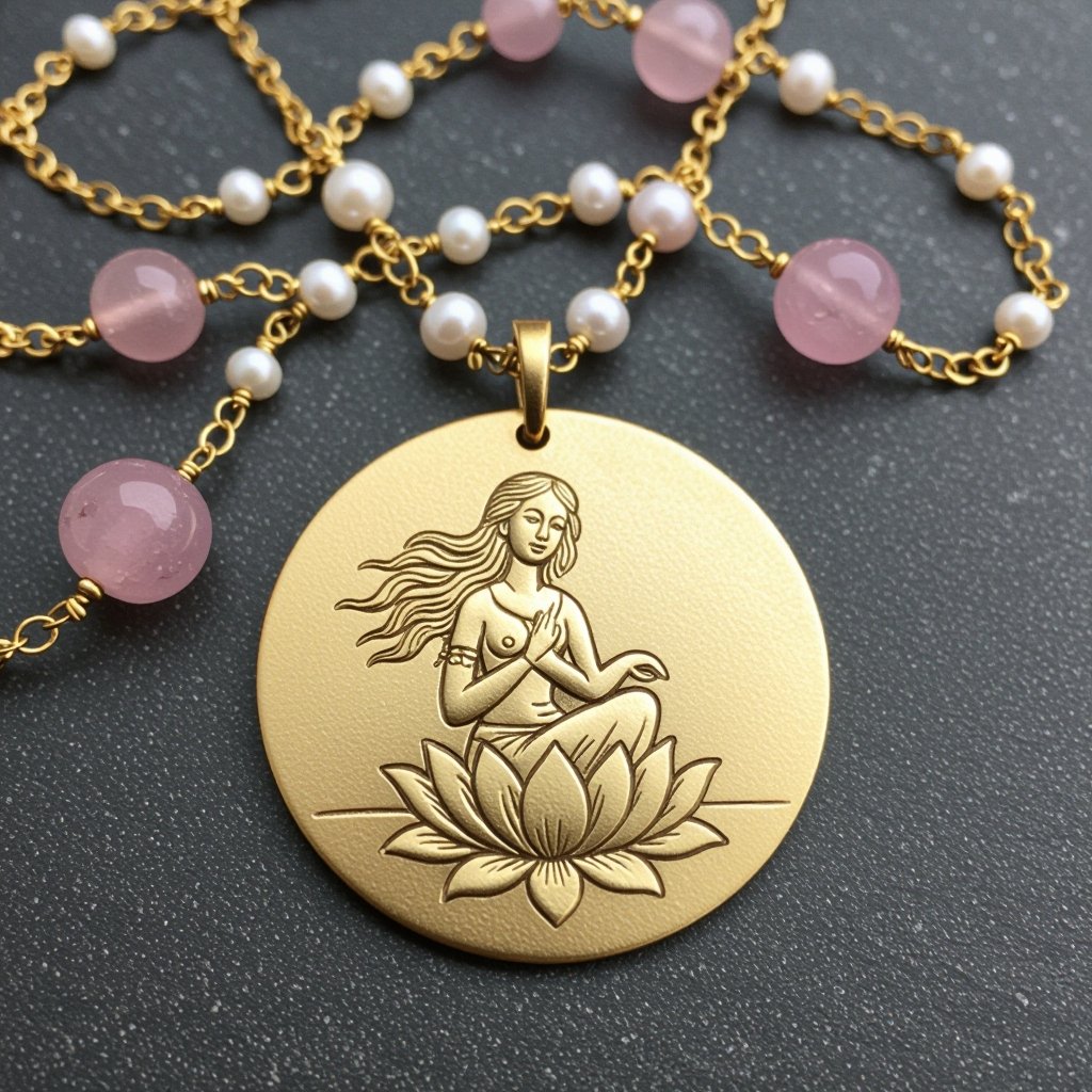 Кулон на длинной цепочке. Матовое светлое золото. В цепочке небольшие золотые шарики и камушки розового необработанного кварца и жемчуга. Кулон в форме неровного мятого круга. На круге изображена девушка с длинными волосами в позе лотоса нечетко
