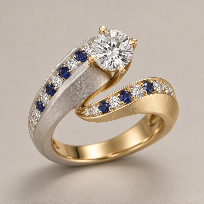 A contemporary women's ring made of mixed metal with diamond and sapphire stones. use the reference photo for gem size and shape only. do not cluster gems or take inspiration from metal shape. design ring using 33 of the small diamonds, 7 blue sapphires, and one large diamond. mixed metal should be white and yellow gold in matte finish.
using the attached image as a visual reference, create A contemporary women's ring made of mixed metal with diamond and sapphire stones. use the reference photo for gem size and shape only. do not cluster gems or take inspiration from metal shape. design ring using 33 of the small diamonds, 7 blue sapphires, and one large diamond. mixed metal should be white and yellow gold in matte finish.. photorealistic, just the design no text