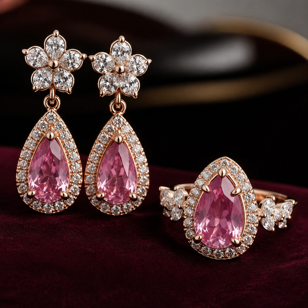 A luxury women's earrings made of rose gold with ruby and diamond stones suitable for engagement. I want u to design drop earings matching with ring, the part that attch to eat must be in shape of five petal flower made of five dimonds while the drop things should be similar light pink ruby, surrounded by dimonds
photorealistic jewelry design, A luxury women's earrings made of rose gold with ruby and diamond stones suitable for engagement. I want u to design drop earings matching with ring, the part that attch to eat must be in shape of five petal flower made of five dimonds while the drop things should be similar light pink ruby, surrounded by dimonds, luxury style, just the design no text