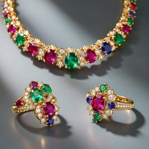 Necklace and ring and earring with luxury colorful jewel with gold