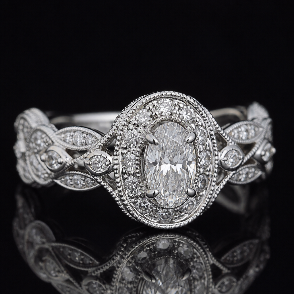 A luxury women's ring made of white gold with diamond stones suitable for wedding, highly ornate, intricate and elaborate, richly detailed. A 0.70-carat oval diamond is used as the center stone.
photorealistic jewelry design, A luxury women's ring made of white gold with diamond stones suitable for wedding, highly ornate, intricate and elaborate, richly detailed. A 0.70-carat oval diamond is used as the center stone., luxury style, just the design no text