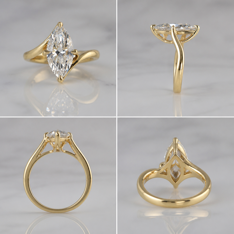 A women's ring. d'après le modèle en photos, créer les vues de côté de face de profil et dessous de la bague, tout en gardant le modèle d'origine, utilisé l'ombre de la bague pour voir son modèle
using the attached image as a visual reference, create A women's ring. d'après le modèle en photos, créer les vues de côté de face de profil et dessous de la bague, tout en gardant le modèle d'origine, utilisé l'ombre de la bague pour voir son modèle. photorealistic, just the design no text