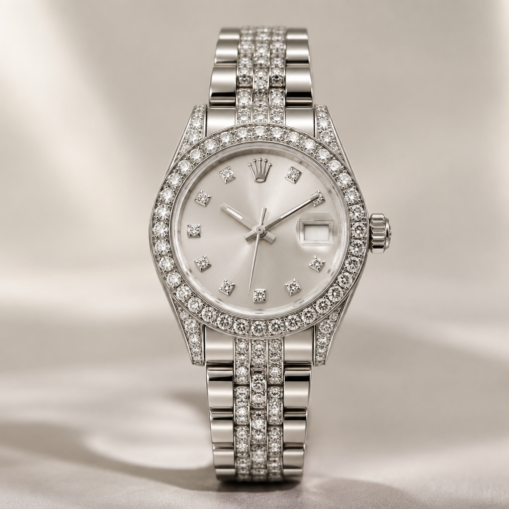 A women's watch made of silver with diamond stones suitable for gift, detailed and decorative, moderately ornate. quiero un Rolex
photorealistic jewelry design, A women's watch made of silver with diamond stones suitable for gift, detailed and decorative, moderately ornate. quiero un Rolex, modern style, just the design no text