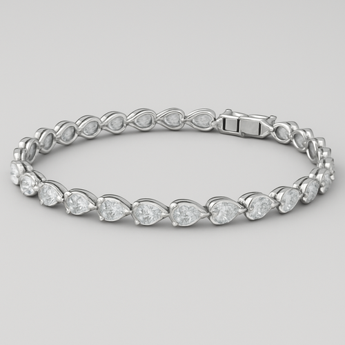 CAD model of a delicate tennis bracelet with pear-shaped diamonds laying on their sides, all pointing left. Each teardrop diamond is set horizontally along a thin white gold chain, forming a smooth continuous flow. Small elegant proportions, precise prong settings, evenly spaced stones, realistic curvature around the wrist. Designed for fine jewelry production.”