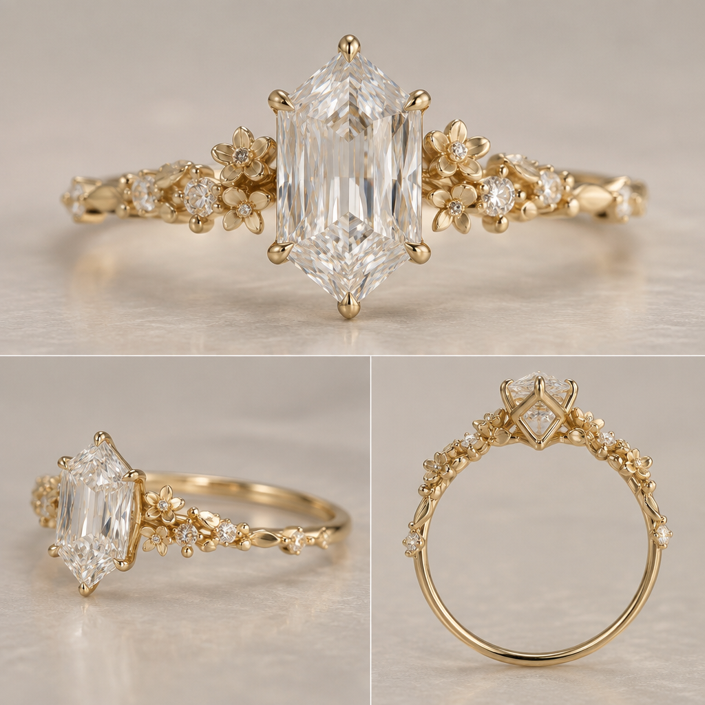 An elongated hexagonal diamond solitaire engagement ring in yellow gold, featuring six delicate claw prongs and an ultra-thin band with scattered peony/flower diamond accents and subtle clustered diamond flower detailing around the shoulders. The peonies should be very delicate and small and has different small sizes some of them contain small diamonds and some don’t. The flowers should not have sharp edges. The band should all the be the same color of gold. The design combines a dramatic geometric center stone with a delicate, feminine, slightly organic/vintage-inspired setting.
photorealistic jewelry design, An elongated hexagonal diamond solitaire engagement ring in yellow gold, featuring six delicate claw prongs and an ultra-thin band with scattered peony/flower diamond accents and subtle clustered diamond flower detailing around the shoulders. The peonies should be very delicate and small and has different small sizes some of them contain small diamonds and some don’t. The flowers should not have sharp edges. The band should all the be the same color of gold. The design combines a dramatic geometric center stone with a delicate, feminine, slightly organic/vintage-inspired setting., just the design no text