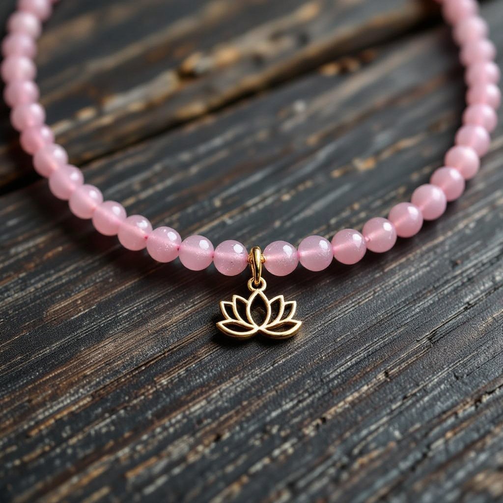 Чокер из натурального мелкого необработанного розового кварца неровной формы бусины с золотой маленькой подвеской в форме лотоса