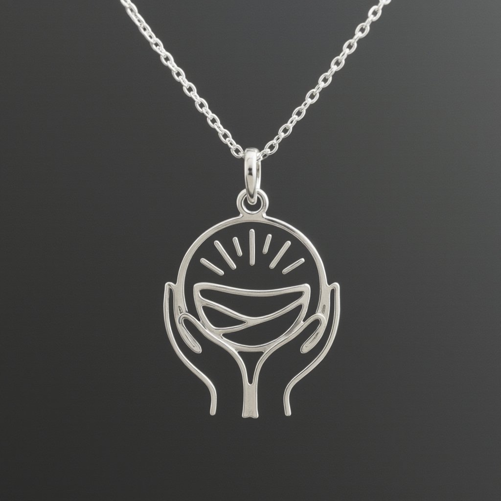 Украшение на шею серебряная цепочка с подвеской в виде двух ладоней сложенных в молитве и от них исходит свет в стороны