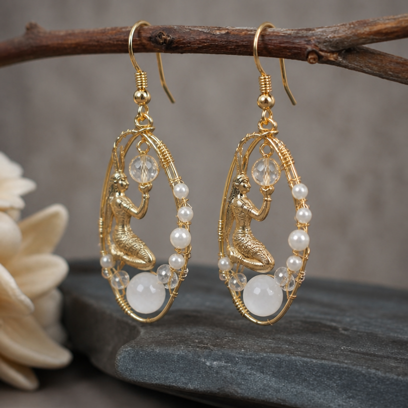A mythological women's earrings suitable for daily wear. osiris, beautiful bead, crystal bead and wire earrings
using the attached image as a visual reference, create A mythological women's earrings suitable for daily wear. osiris, beautiful bead, crystal bead and wire earrings. photorealistic, just the design no text
