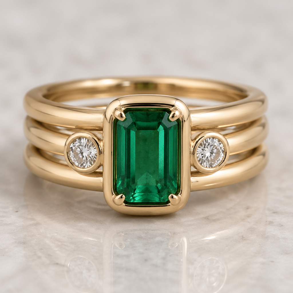 Three row ring in yellow gold with a bezel emerald cut 2ct emerald with prongs. Bezels set rounds 1/4ct on opposing sides
photorealistic jewelry design, Three row ring in yellow gold with a bezel emerald cut 2ct emerald with prongs. Bezels set rounds 1/4ct on opposing sides , just the design no text