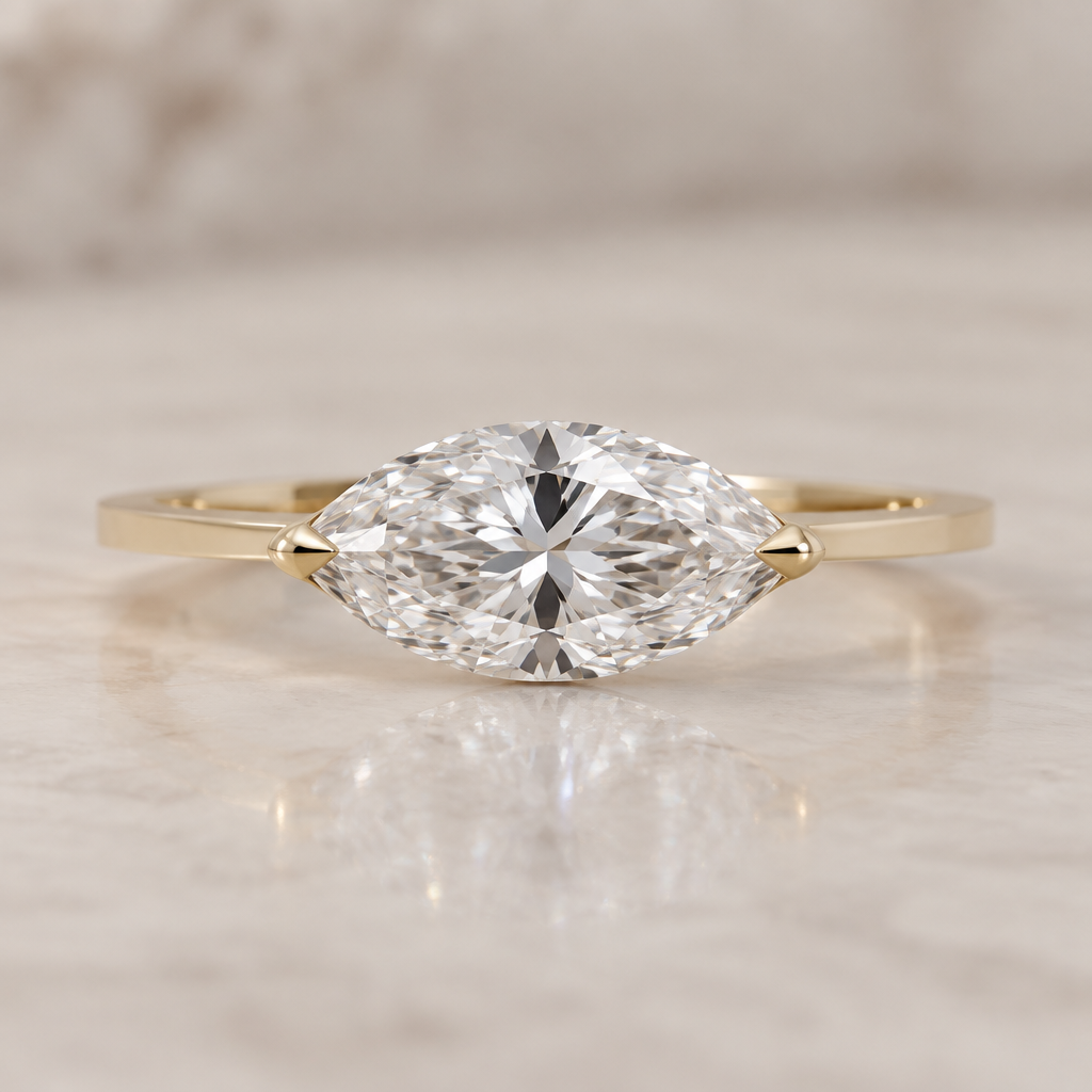 A women's ring, detailed and decorative, moderately ornate. High-end fine jewelry photorealistic rendering of a single 1.90 carat marquise-cut diamond mounted east-to-west on a very thin, perfectly flat 18k yellow gold band. The diamond should dominate the design and appear almost visually unsupported from the front. Use only two extremely minimal, integrated yellow-gold point claws at the east and west tips, hugging the stone's outline as tightly as physically possible. No visible basket, gallery rail, halo, bezel, shoulder prongs, decorative metal, or side stones. The band should meet the stone directly beneath the two tips, with the structural support hidden behind the diamond from the front view. Keep the diamond's full outline unobstructed. Low-profile architecture designed for everyday wear. Show realistic proportions, realistic diamond pavilion depth, realistic gold thickness, and physically plausible stone security. The result should look like a diamond suspended over a simple flat gold band, while remaining structurally believable. Clean contemporary luxury jewelry, understated, architectural, minimal, no ornate details.
photorealistic jewelry design, A women's ring, detailed and decorative, moderately ornate. High-end fine jewelry photorealistic rendering of a single 1.90 carat marquise-cut diamond mounted east-to-west on a very thin, perfectly flat 18k yellow gold band. The diamond should dominate the design and appear almost visually unsupported from the front. Use only two extremely minimal, integrated yellow-gold point claws at the east and west tips, hugging the stone's outline as tightly as physically possible. No visible basket, gallery rail, halo, bezel, shoulder prongs, decorative metal, or side stones. The band should meet the stone directly beneath the two tips, with the structural support hidden behind the diamond from the front view. Keep the diamond's full outline unobstructed. Low-profile architecture designed for everyday wear. Show realistic proportions, realistic diamond pavilion depth, realistic gold thickness, and physically plausible stone security. The result should look like a diamond suspended over a simple flat gold band, while remaining structurally believable. Clean contemporary luxury jewelry, understated, architectural, minimal, no ornate details., modern style, just the design no text