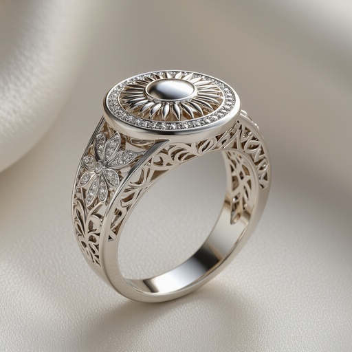 A realistic 3D render of a luxurious women's ring in polished white gold, elegant and feminine. The top features a circular emblem with a radiant sun motif, while both sides of the band are engraved with delicate arabesque floral patterns inspired by Persian jewelry. High detail, luxury jewelry photography style, soft lighting, minimal background, focus on the ring.
