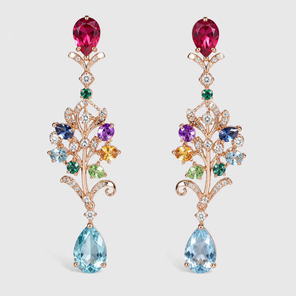 A minimalist women's earrings made of rose gold with diamond and ruby and emerald and sapphire and topaz and aquamarine stones, highly ornate, intricate and elaborate, richly detailed
photorealistic jewelry design, A minimalist women's earrings made of rose gold with diamond and ruby and emerald and sapphire and topaz and aquamarine stones, highly ornate, intricate and elaborate, richly detailed, minimalist style, just the design no text