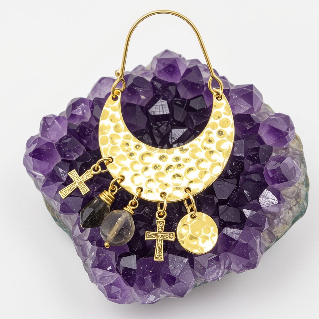 Золотые серьги словно мятое золото в форме узкого изящного полумесяца. Верхушка полумесяца крепится к застежке серьги. К нижней части полумесяца крепятся три подвески: миниатюрный золотой египетриский крест, очень маленький кристалл раухтопаза и маленький золотой кружочек с мятым эффектом плоский