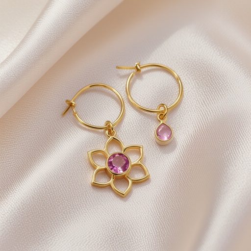 Серьги небольшие кольца, подвеска в виде золотого лотоса шестью лепестками с маленьким розовым кварцем по центру