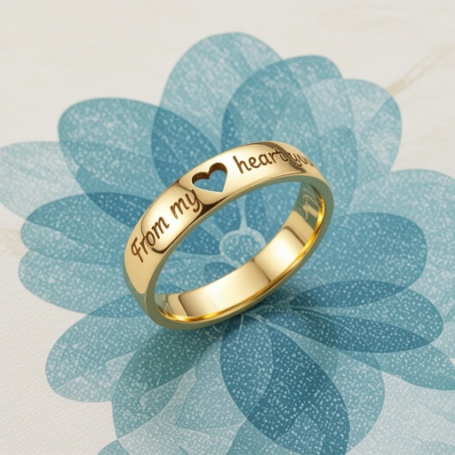 Detailed Ring Description: A medium-width band ring, crafted in polished gold with a slightly domed surface. The ring features intricate cut-out engravings, but instead of geometric or floral patterns, the cut-out design should spell the phrase: “From my heart to you” in a luxurious, elegant English calligraphy font. 	•	Material: Shiny gold metal with a smooth, reflective finish. 	•	Shape: Classic band style, with consistent width all around. 	•	Engraving style: The phrase “From my heart to you” should be carved through the metal (cut-out/engraved style), similar to the cut-out designs in the reference image. 	•	Placement of text: The phrase should wrap elegantly around the outer surface of the band, continuous along the circumference. 	•	Font style: Elegant, calligraphic, and slightly bold so the cut-out letters are clear and readable. 	•	Details: Keep the edges smooth and polished, with no additional symbols except for the engraved text