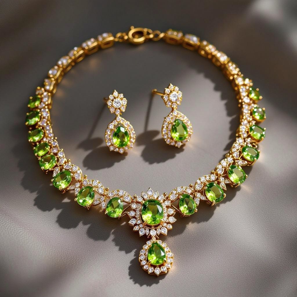 Necklace and earring with peridot and diamond with gold