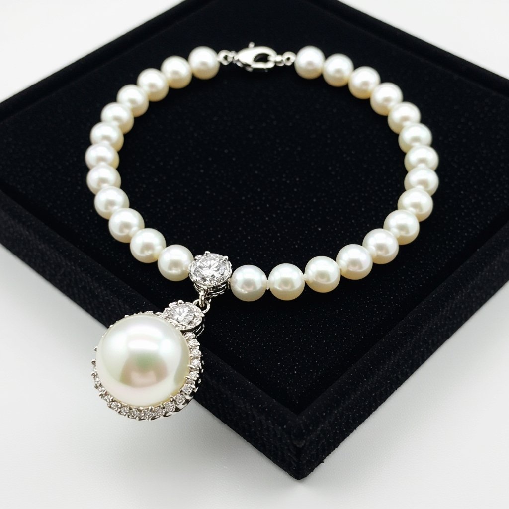 A pearl necklace with a large diamond on its end. 