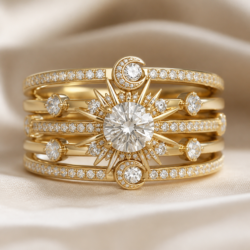 Design a very feminine diamond ring for a wedding ring and engagement multi stackable yellow, 14 carat gold that has
1 ct diamond
3 0.25 ct of diamonds
12 0.1 ct of diamonds
22 0.05 ct of diamonds
Center 1 ct diamond being the sun
3 0.25 ct being the moon
photorealistic jewelry design, Design a very feminine diamond ring for a wedding ring and engagement multi stackable yellow, 14 carat gold that has
1 ct diamond
3 0.25 ct of diamonds
12 0.1 ct of diamonds
22 0.05 ct of diamonds
Center 1 ct diamond being the sun
3 0.25 ct being the moon
, classic style, just the design no text