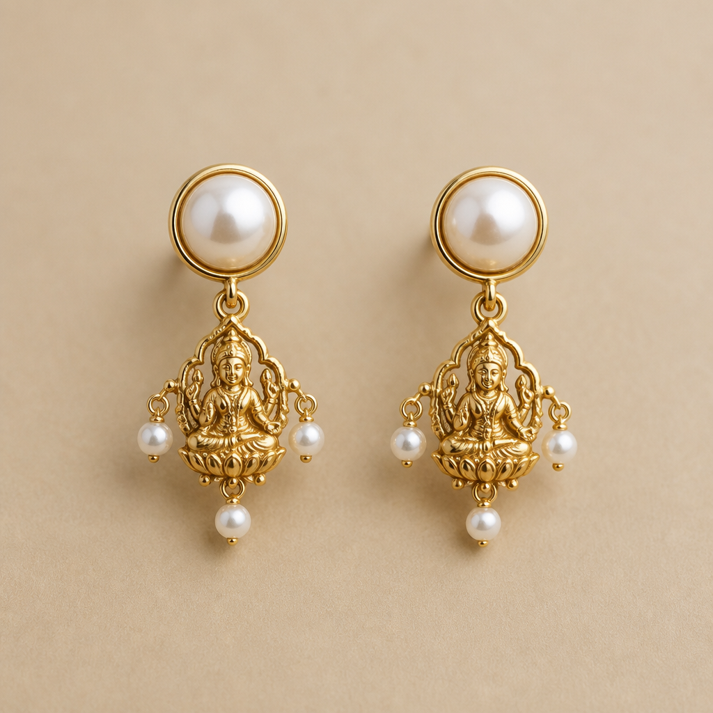 A women's earrings made of gold with pearl stones. yes, I need to design ear rings which is looks like gold semi ball looks like a pearl and below one laxmi devi idol with connection between semi gold ball and around laxmi devi idol i need small 3 pearl left, right and below of the laxmi devi idol
photorealistic jewelry design, A women's earrings made of gold with pearl stones. yes, I need to design ear rings which is looks like gold semi ball looks like a pearl and below one laxmi devi idol with connection between semi gold ball and around laxmi devi idol i need small 3 pearl left, right and below of the laxmi devi idol, modern style, just the design no text