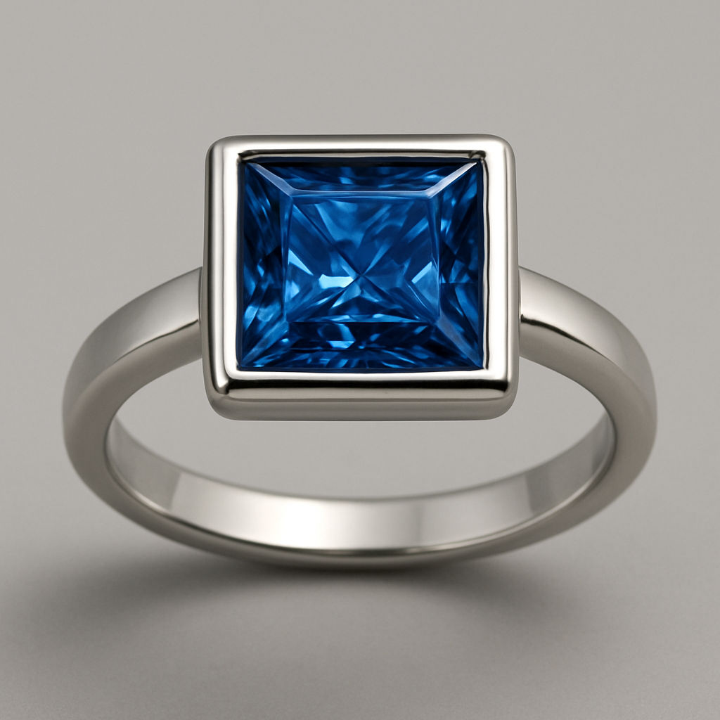 blue square tile diamond with silver framed ring