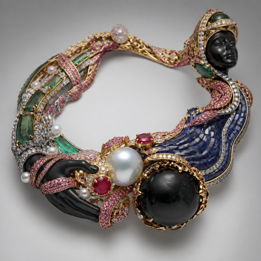 Emerald sapphire diamond ruby pink diamond pearl obsidian human
photorealistic jewelry design, Emerald sapphire diamond ruby pink diamond pearl obsidian human, avant_garde style, just the design no text