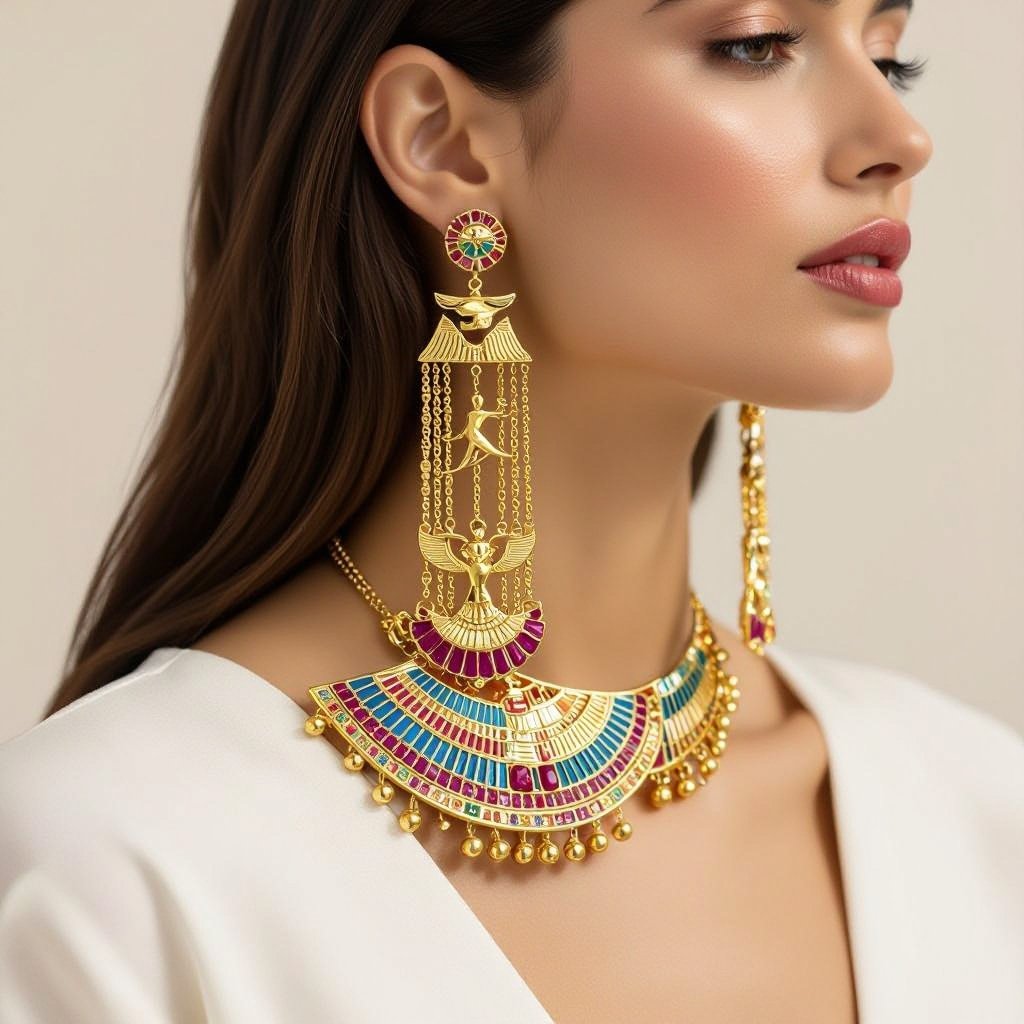 Zotot long earrings with a pendant symbolic image of the Egyptian god Ra symbol of the sun long chains