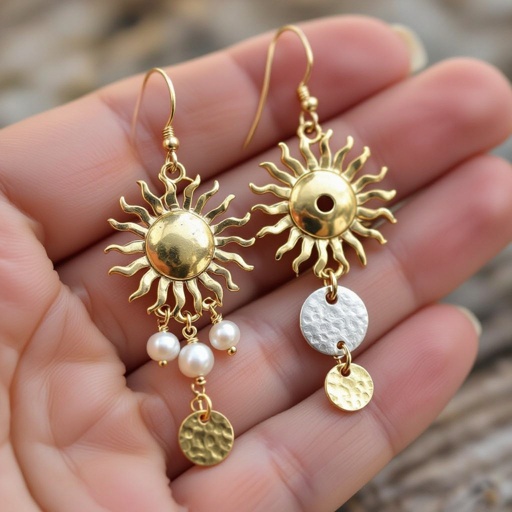 Золотые серьги словно мятое золото в форме солнца с волнистыми лучами, в центре солнца круглая дыра. крепится к застежке серьги. К нижней части солнца крепятся подвески: миниатюрная серебристая луна, очень маленький жемчуг и маленький золотой кружочек с мятым эффектом плоский