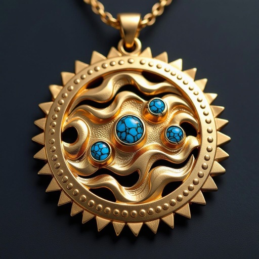 Золотой матовый медальон в форме неровного круга с неровными краями. По краям выпуклые точки сплошной линией. На круге разные волнистые узоры словно волны. Три миниатюрных голубых камушка хаотично расположены в круге