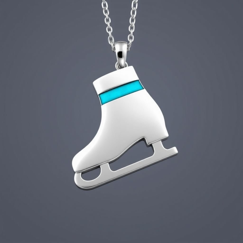 Silver Pendant shape one ice skate with turquoise stripe inside the low thin part blade