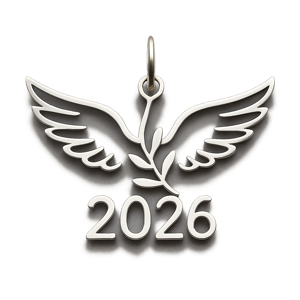 Slim silver cut-out charm only with  two spread out bird wings, an olive branch and  along year 2026