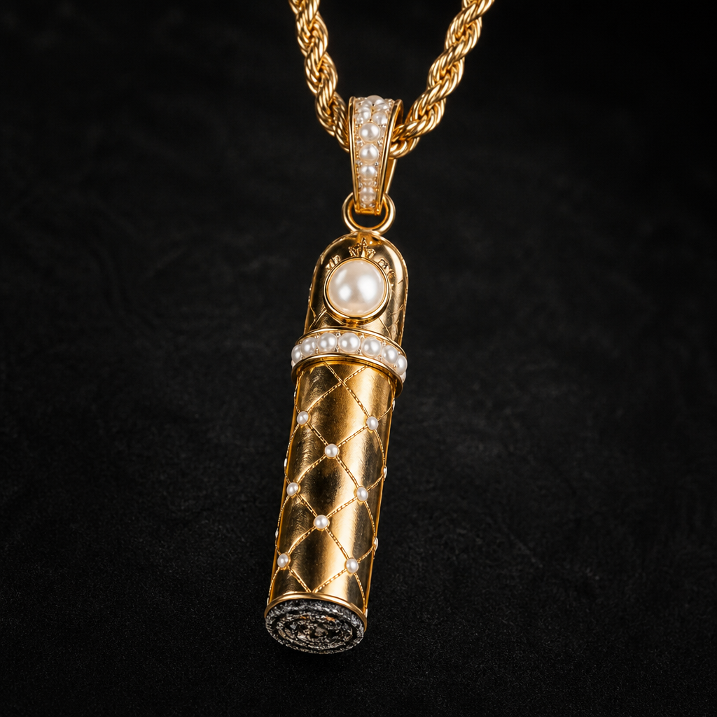 A luxury men's pendant made of gold with pearl stones suitable for party. Un colgante de un puro
photorealistic jewelry design, A luxury men's pendant made of gold with pearl stones suitable for party. Un colgante de un puro, luxury style, just the design no text
