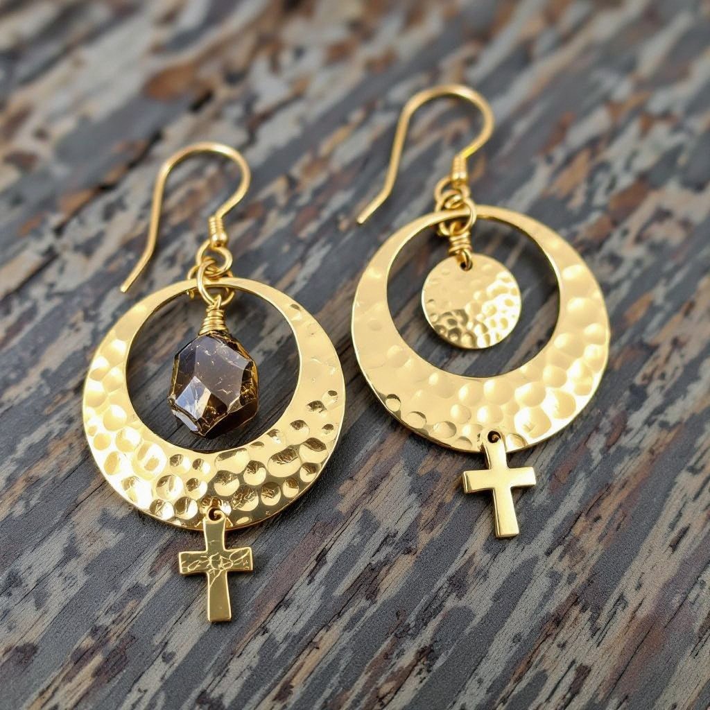 Золотые серьги словно мятое золото в форме узкого изящного полумесяца. Верхушка полумесяца крепится к застежке серьги. К нижней части полумесяца крепятся три подвески: миниатюрный золотой египетриский крест, очень маленький кристалл раухтопаза и маленький золотой кружочек с мятым эффектом плоский