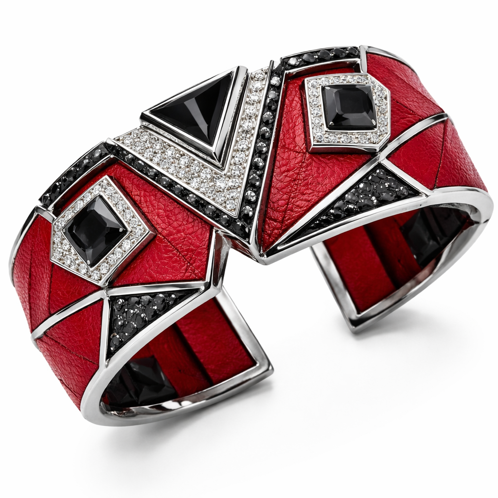 Geomatric red leather bangle of architecture and bold and edgy shape and elements of white and black diamonds for unisex of white background