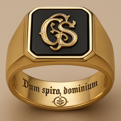 Solid gold ring with polished finish. Rectangular black onyx in bezel setting. A detailed golden ‘GS’ monogram placed on top of the onyx. Under the stone: engraved sigil (insert reference). Inside the band: engraving ‘Dum spiro, dominium’. Style: bold, regal, mystical, handcrafted, clean strong proportions.”