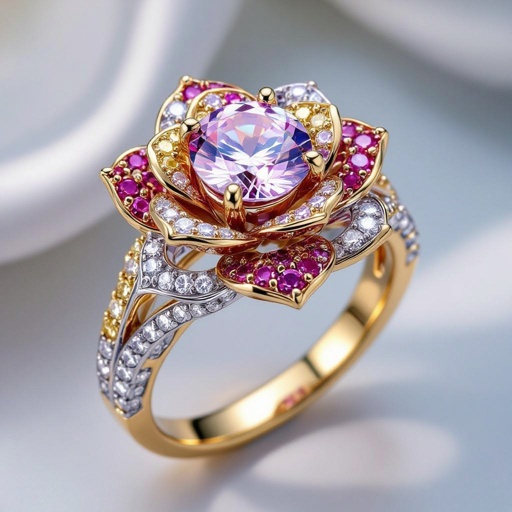 Rumayas marka gül şeklinde gümüş üzeri altın kaplama beyaz pembe ve sarı altın alternatifli tektaş yüzük bir logo yüzük yazı üzeri taş olacak labgrown taşlar ve fancy colour olabilir 